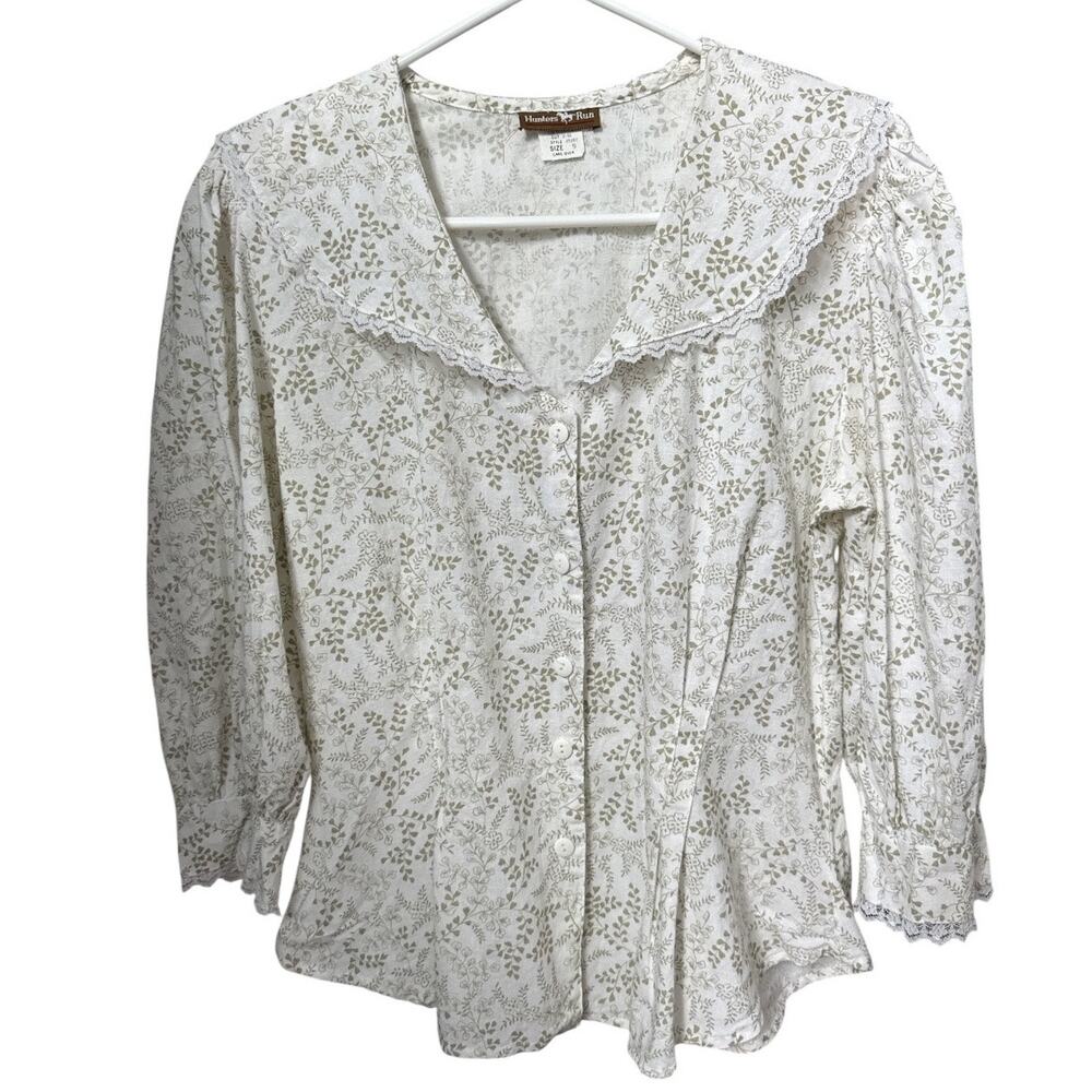 Vintage Hunters Run Prairie Blouse Lace Collar Puff Sleeves cinch back USA Small